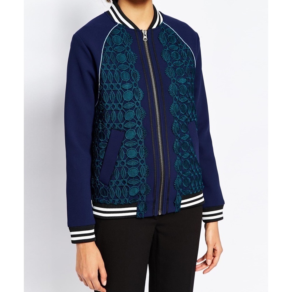 Self-Portrait Blue Embroidered Zip Up Bomber Jacket 4
